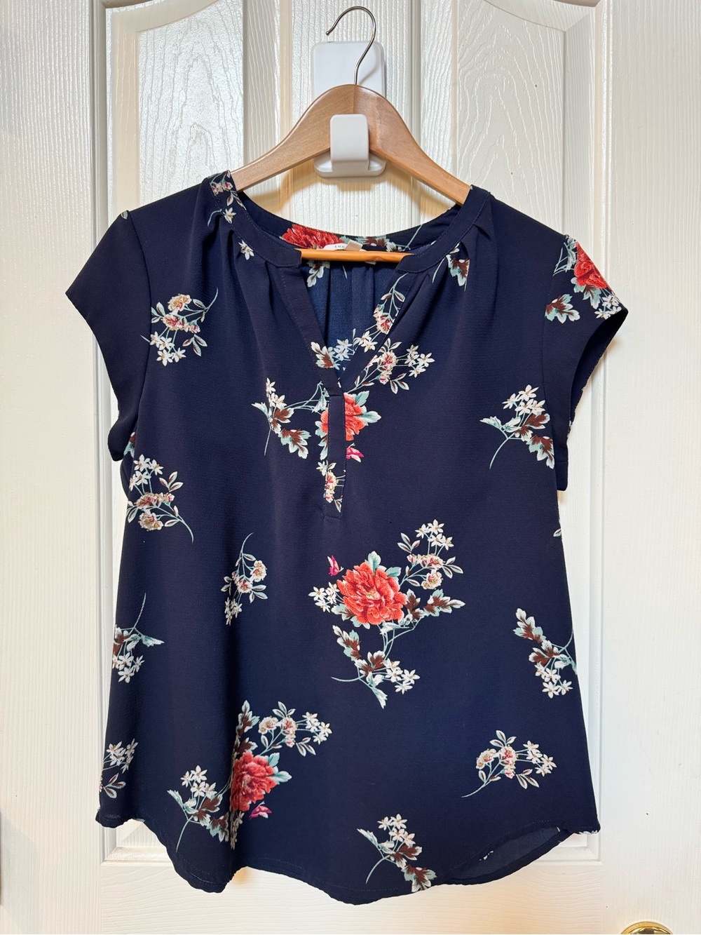 fun 2 fun Navy Floral Cap-Sleeve Blouse with Red Flowers